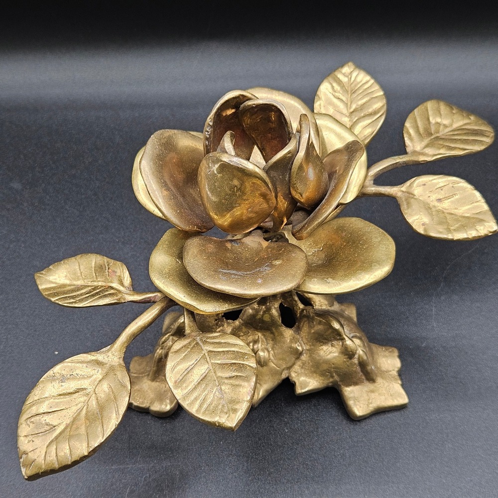 Vintage Solid Brass Rose Flower Sculpture Botanical Figurine Pedestal Base 8in